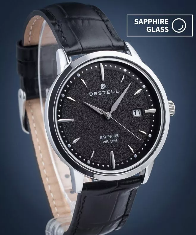 Orologio da Uomo DESTELL Pictor Black Silver Leather Sapphire PT405-15-201L