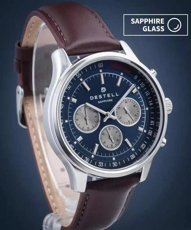 Orologio da Uomo DESTELL Circinus Navy Blue Silver Brown Leather Chronograph Sapphire CR415-15-206L