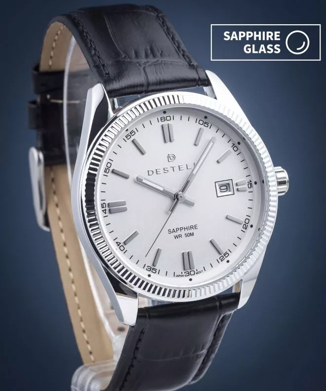 Orologio da Uomo DESTELL Loup White Silver Black Leather Sapphire LU3855-25-201L