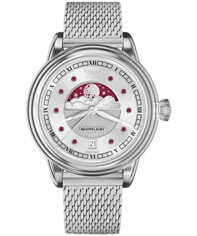 Orologio da Donna Aviator Moonflight Gemstone Edition Silver Red Ruby Limited Edition V.1.33.0.419.5