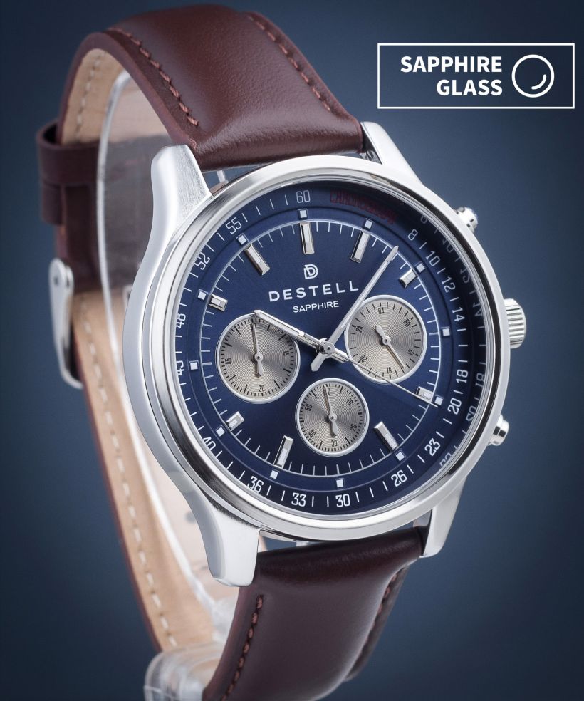 Orologio da Uomo DESTELL Circinus Blue Silver Brown Leather Chronograph Sapphire