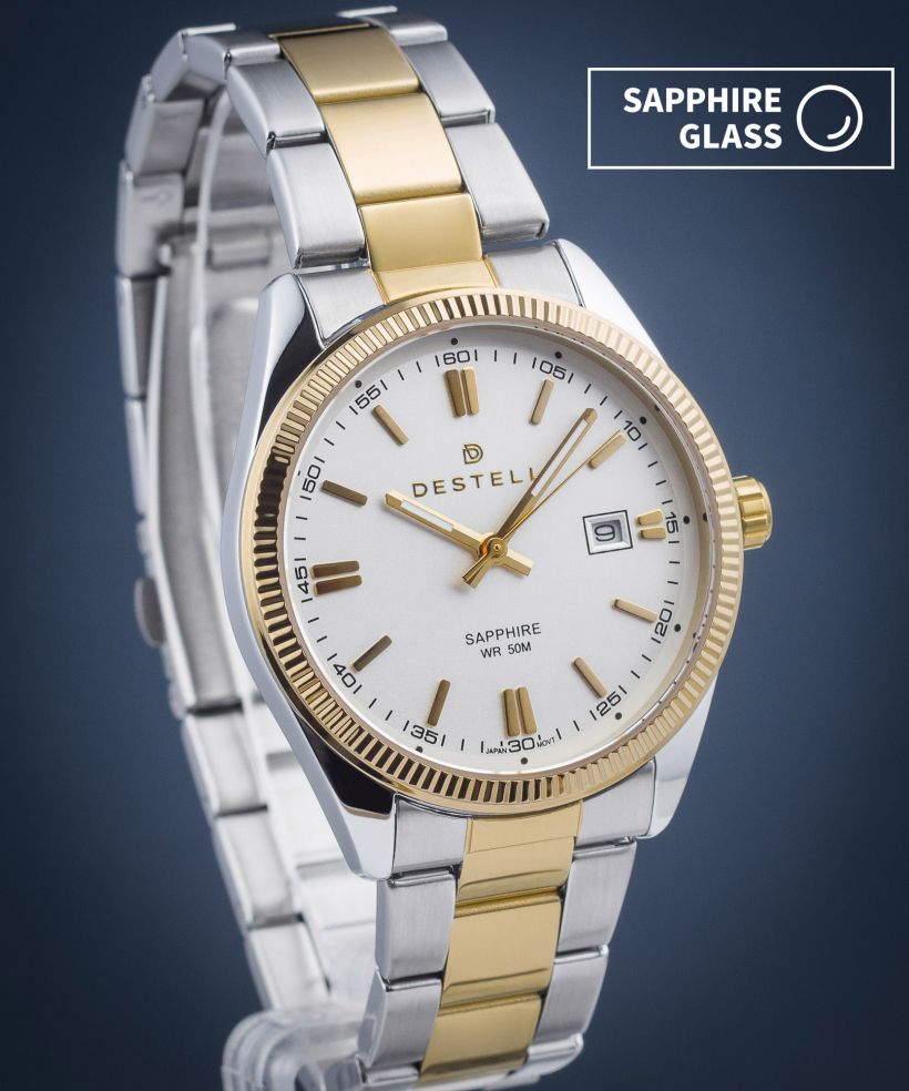 Orologio da Uomo DESTELL Loup White Silver-Gold Steel Sapphire