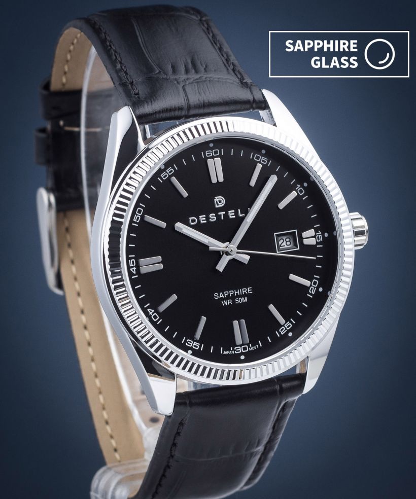 Orologio da Uomo DESTELL Loup Black Silver Leather Sapphire