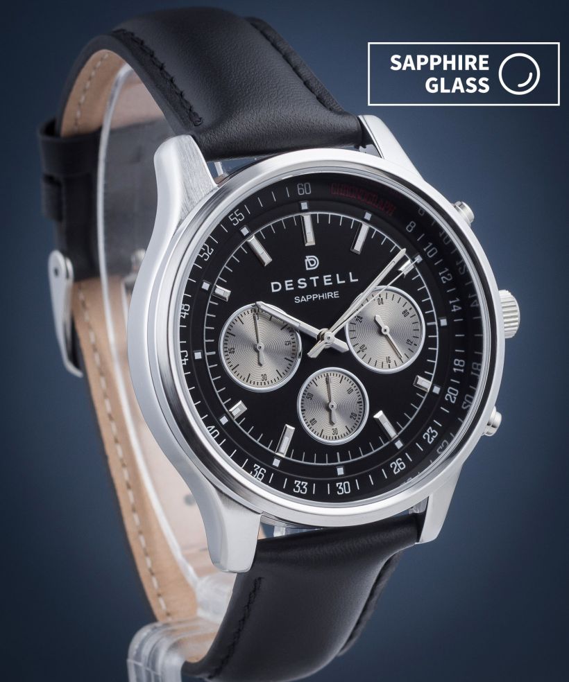 Orologio da Uomo DESTELL Circinus Black Silver Leather Chronograph Sapphire