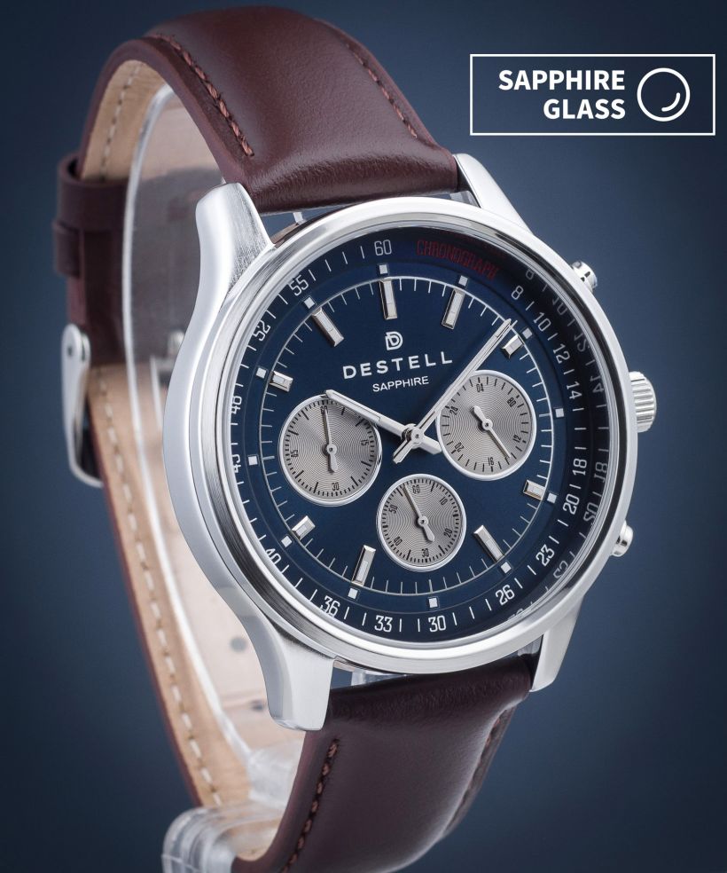 Orologio da Uomo DESTELL Circinus Navy Blue Silver Brown Leather Chronograph Sapphire