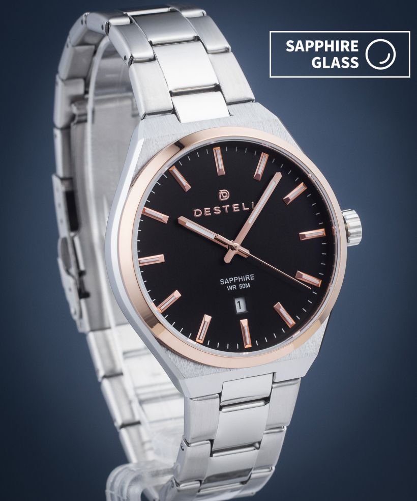 Orologio da Uomo DESTELL Aries Black Silver Steel Sapphire