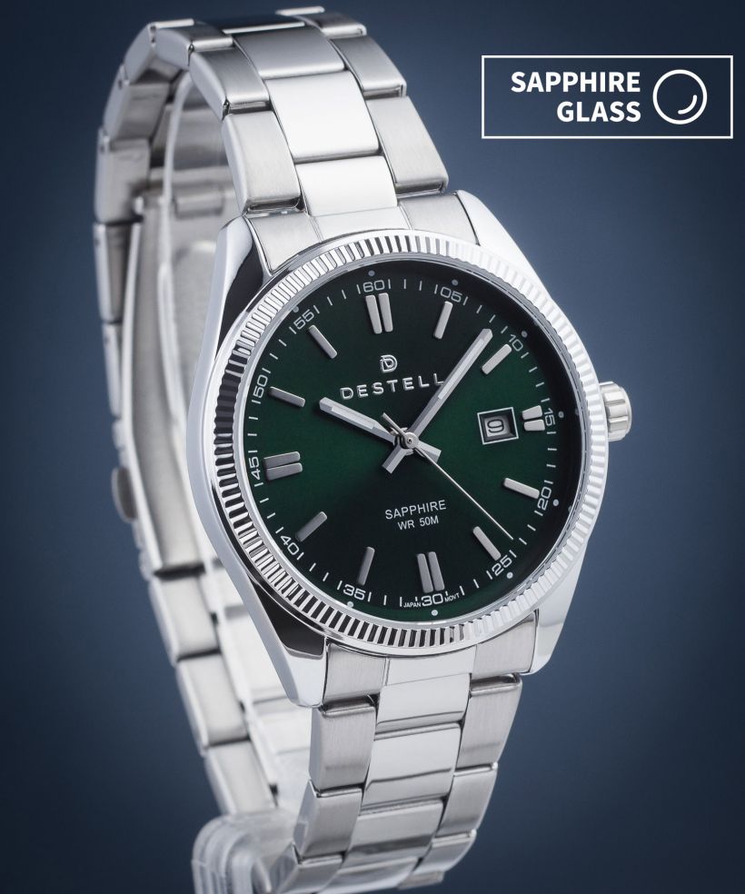Orologio da Uomo DESTELL Loup Green Silver Steel Sapphire