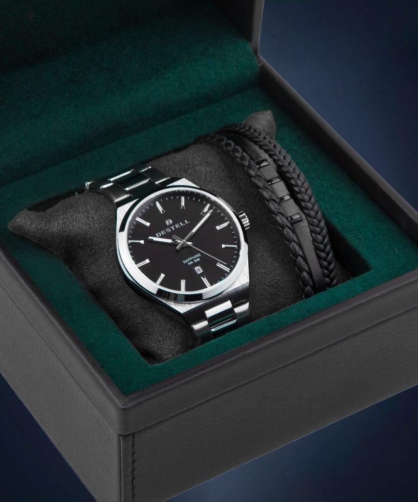 Orologio da Uomo DESTELL Aries Black Silver Steel Sapphire Gift Set