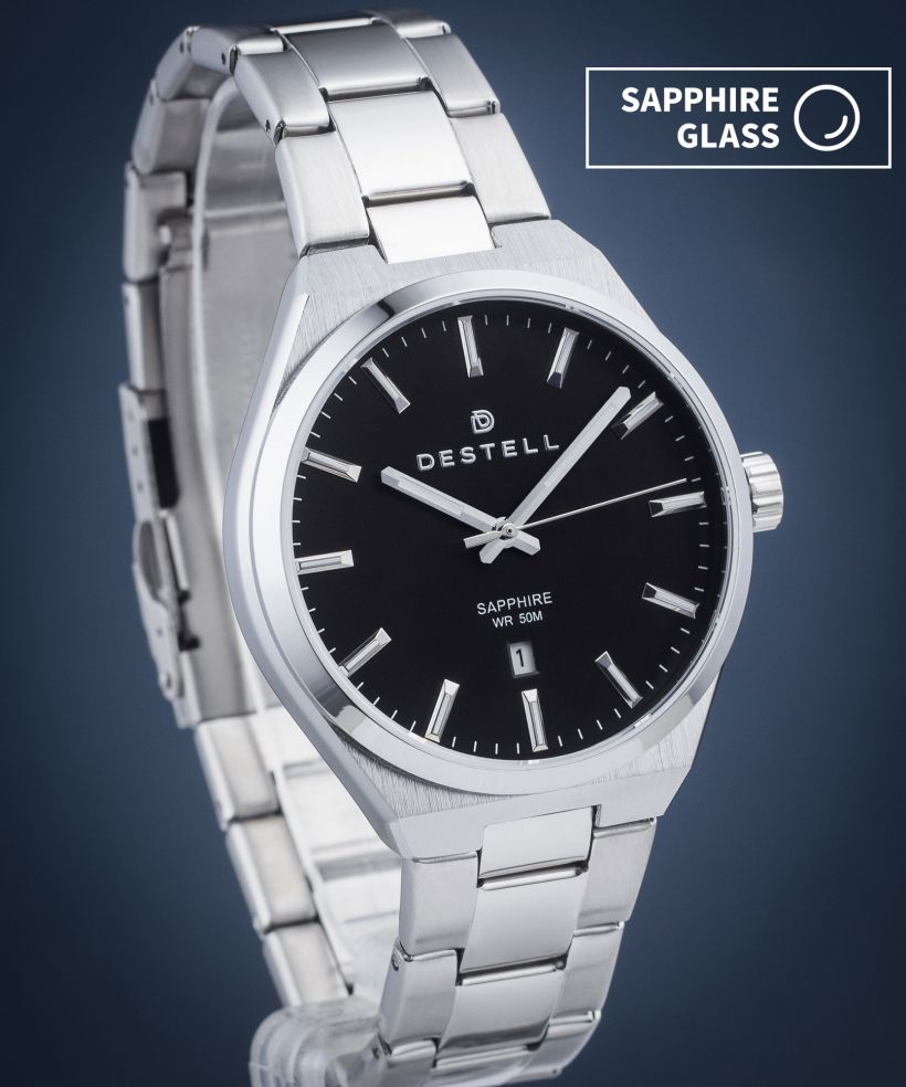 Orologio da Uomo DESTELL Aries Black Silver Steel Sapphire