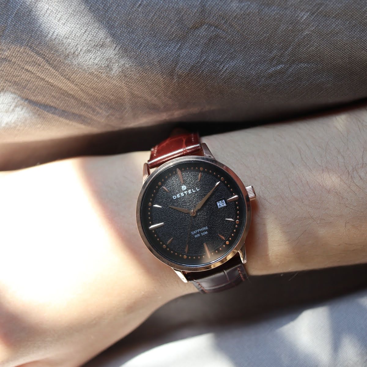 Orologio da Uomo DESTELL Pictor Black Rose Gold Brown Leather Sapphire